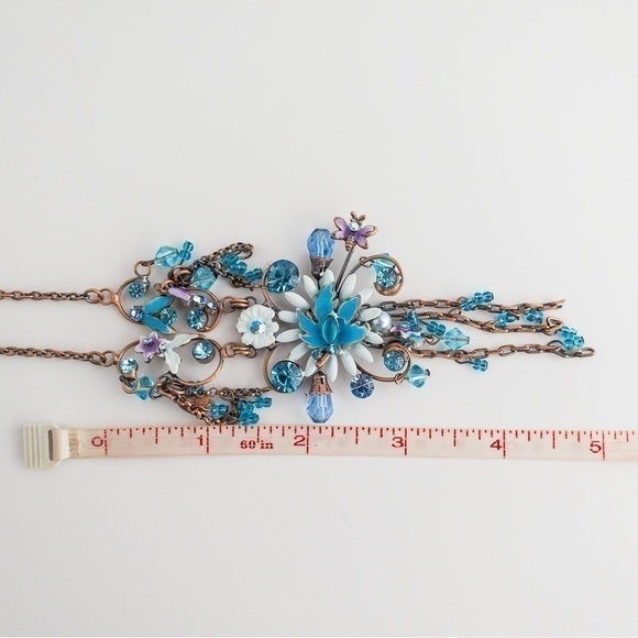 𝅺Copper Floral Pendant Necklace Statement Blue White Crystal Rhinestone Enamel - Picture 12 of 13